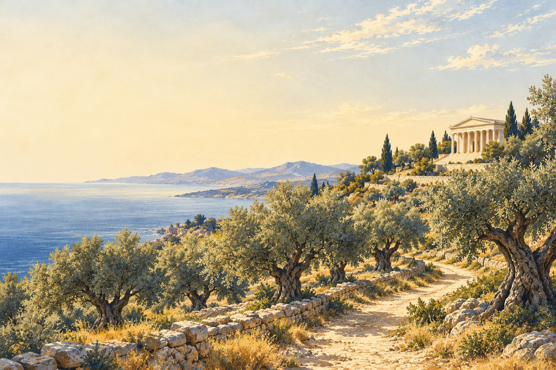 Illustration : chemin de terre dans une oliveraie, menant à un édifice public classique à colonnes sur une colline.