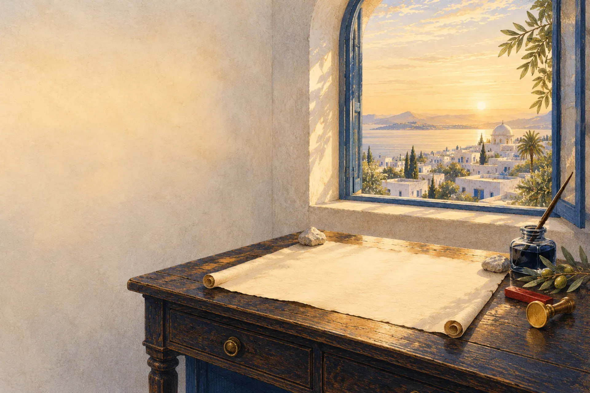 Illustration : bureau avec un parchemin vierge déroulé, encrier, cire et sceau, rameau d'olivier, fenêtre sur les toits de Tunis.