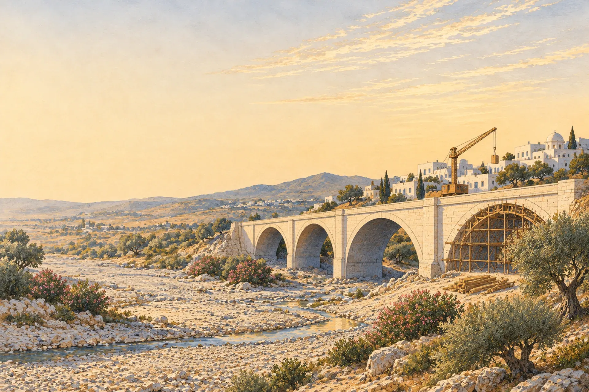 Illustration : nouveau pont de pierre achevé sur un oued près d'une ville tunisienne, échafaudage démonté au matin.